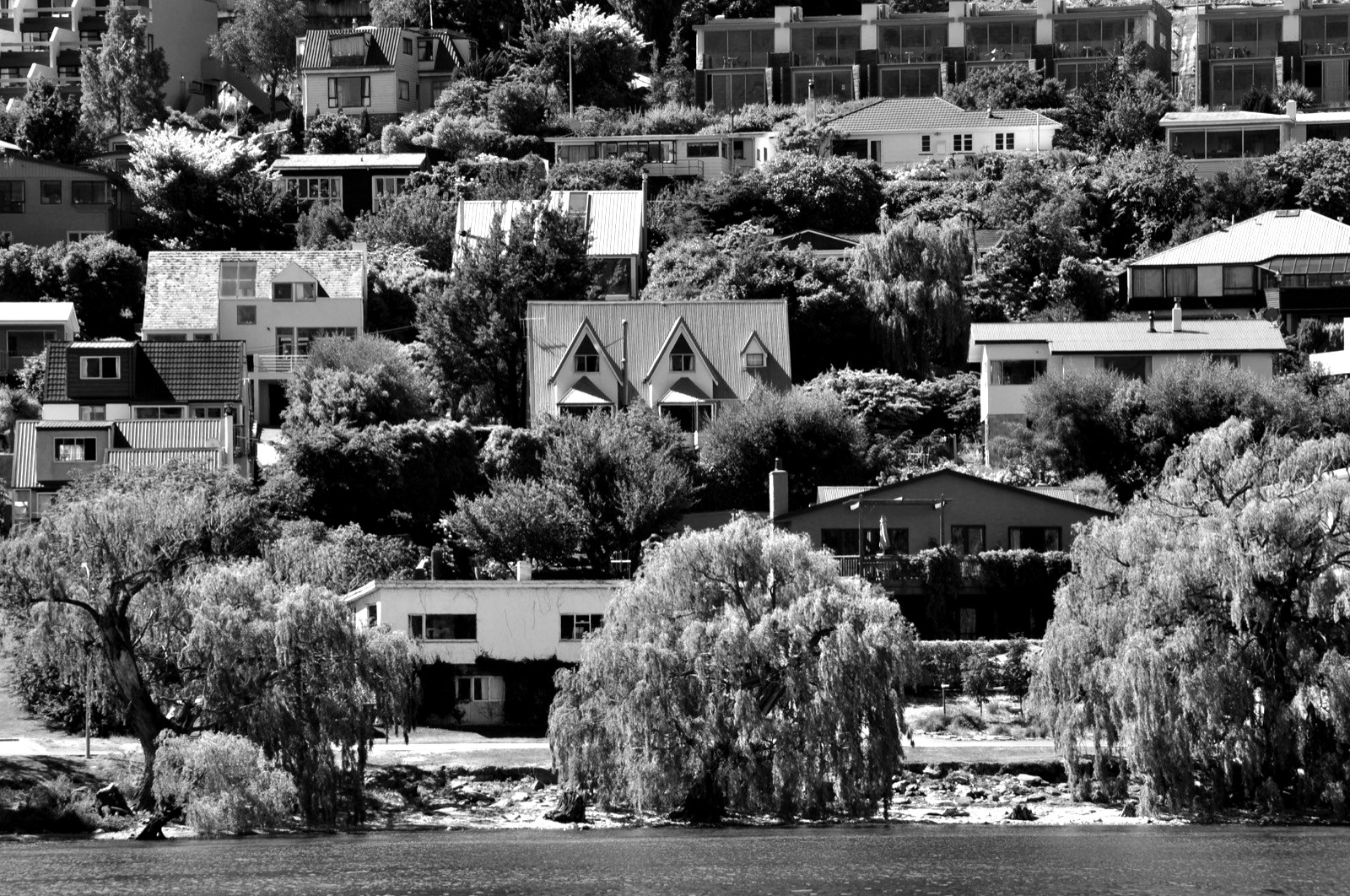 Luxury lakefront homes stacked up the hillside above Lake Wakatipu, Queenstown, New Zealand
