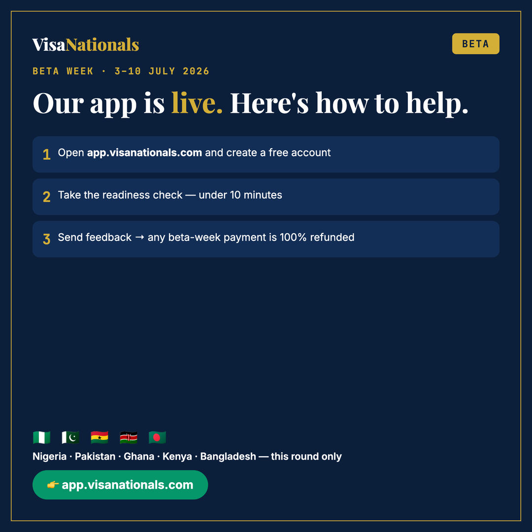 VisaNationals beta week — the app is live at app.visanationals.com. Create a free account, take the readiness check in under ten minutes, and send feedback; any beta-week payment is refunded.